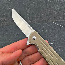 Load image into Gallery viewer, MALLARD:  Straight Back D2 Blade,  Desert Tan G10 Handles,  Fast Open Ball Bearing Pivot System