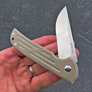 MALLARD:  Straight Back D2 Blade,  Desert Tan G10 Handles,  Fast Open Ball Bearing Pivot System