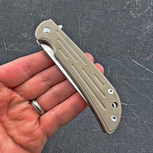 MALLARD:  Straight Back D2 Blade,  Desert Tan G10 Handles,  Fast Open Ball Bearing Pivot System