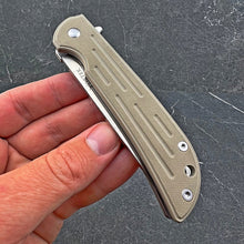 Load image into Gallery viewer, MALLARD:  Straight Back D2 Blade,  Desert Tan G10 Handles,  Fast Open Ball Bearing Pivot System