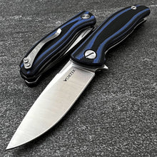 Load image into Gallery viewer, TURRET: Black and Blue G10 Handles, D2 Drop Point Blade,  Ball Bearing Flipper Sytem