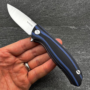 TURRET: Black and Blue G10 Handles, D2 Drop Point Blade,  Ball Bearing Flipper Sytem