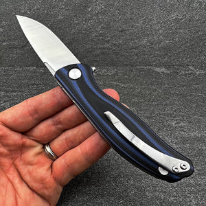 TURRET: Black and Blue G10 Handles, D2 Drop Point Blade,  Ball Bearing Flipper Sytem