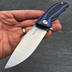 TURRET: Black and Blue G10 Handles, D2 Drop Point Blade,  Ball Bearing Flipper Sytem