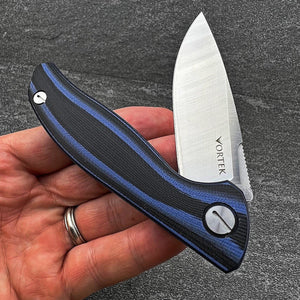 TURRET: Black and Blue G10 Handles, D2 Drop Point Blade,  Ball Bearing Flipper Sytem