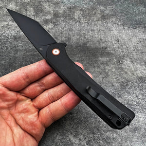 RIPTIDE: Tactical Black G10 Handles, Black Tanto D2 Blade,  Ball Bearing Flipper System