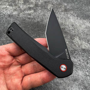 RIPTIDE: Tactical Black G10 Handles, Black Tanto D2 Blade,  Ball Bearing Flipper System