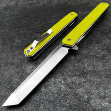 Load image into Gallery viewer, SKYLINE:  Slim Executive Design, Yellow G10 Handles, D2 Tanto Blade,  Ball Bearing Flipper System