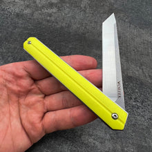 Load image into Gallery viewer, SKYLINE:  Slim Executive Design, Yellow G10 Handles, D2 Tanto Blade,  Ball Bearing Flipper System