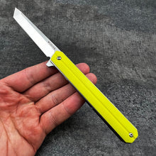 Load image into Gallery viewer, SKYLINE:  Slim Executive Design, Yellow G10 Handles, D2 Tanto Blade,  Ball Bearing Flipper System