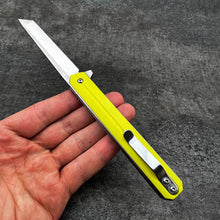 Load image into Gallery viewer, SKYLINE:  Slim Executive Design, Yellow G10 Handles, D2 Tanto Blade,  Ball Bearing Flipper System