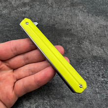 Load image into Gallery viewer, SKYLINE:  Slim Executive Design, Yellow G10 Handles, D2 Tanto Blade,  Ball Bearing Flipper System