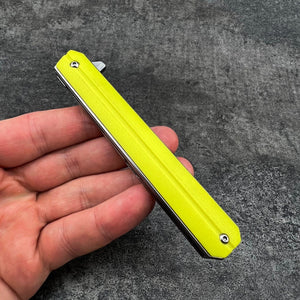 SKYLINE:  Slim Executive Design, Yellow G10 Handles, D2 Tanto Blade,  Ball Bearing Flipper System