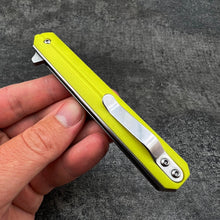 Load image into Gallery viewer, SKYLINE:  Slim Executive Design, Yellow G10 Handles, D2 Tanto Blade,  Ball Bearing Flipper System