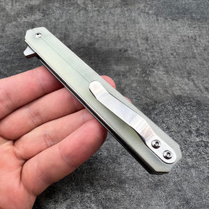 SKYLINE:  Slim Executive Design, Jade G10 Handles, D2 Tanto Blade, Ball Bearing Flipper System