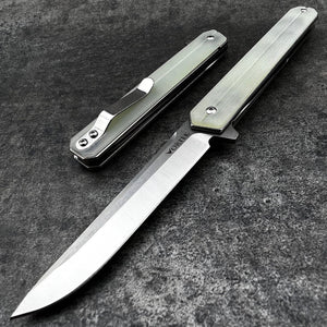 SKYLINE: Jade G10 Handles, D2 Straight Back Blade,  Long Slim Design,  Ball Bearing Flipper System