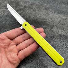 Load image into Gallery viewer, SKYLINE: Yellow G10 Handles, Slim Executive Design, D2 Straight Back Blade,  Ball Bearing Pivot System