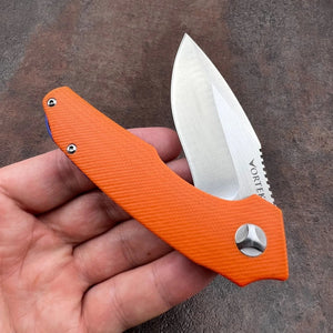 MUSKRAT:  Orange G10 Handles, 9Cr18MoV Drop Point Blade,  Ball Bearing Flipper System