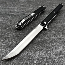 Load image into Gallery viewer, HANCOCK: Slim Design Executive Knife, Black G10 Handles, D2 Tanto Blade.  Ball Bearing Flipper System