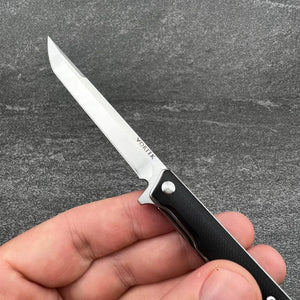 HANCOCK: Slim Design Executive Knife, Black G10 Handles, D2 Tanto Blade.  Ball Bearing Flipper System