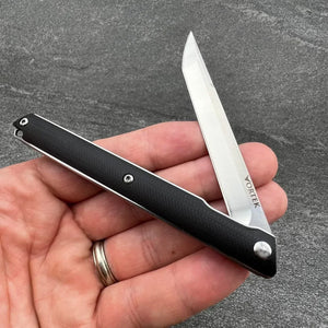 HANCOCK: Slim Design Executive Knife, Black G10 Handles, D2 Tanto Blade.  Ball Bearing Flipper System