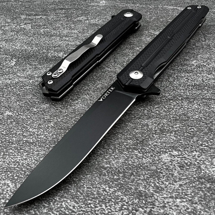 NOVA: Tactical Black G10 Handle, D2 Slim Design Black Blade,  Ball Bearing Flipper System