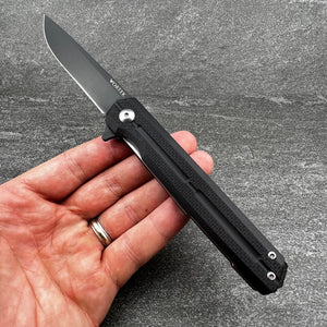 NOVA: Tactical Black G10 Handle, D2 Slim Design Black Blade,  Ball Bearing Flipper System