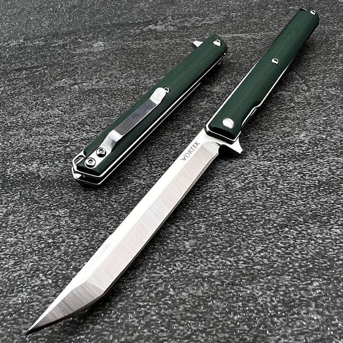 HANCOCK:  Green G10 Handles, Slim lightweight Design, D2 Tanto Blade,  Ball Bearing Flipper System