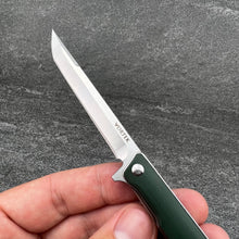 Load image into Gallery viewer, HANCOCK:  Green G10 Handles, Slim lightweight Design, D2 Tanto Blade,  Ball Bearing Flipper System