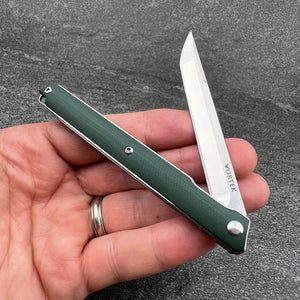 HANCOCK:  Green G10 Handles, Slim lightweight Design, D2 Tanto Blade,  Ball Bearing Flipper System