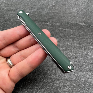 HANCOCK:  Green G10 Handles, Slim lightweight Design, D2 Tanto Blade,  Ball Bearing Flipper System