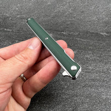 Load image into Gallery viewer, HANCOCK:  Green G10 Handles, Slim lightweight Design, D2 Tanto Blade,  Ball Bearing Flipper System