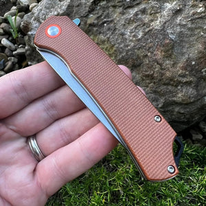 GYPSY: Brown Micarta Handles, 8Cr13MoV Drop Point Blade, Ball Bearing Pivot System