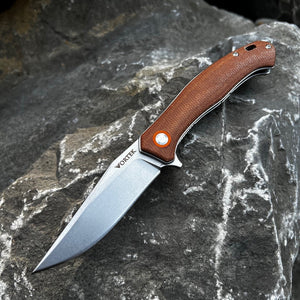 DRIFTER: Brown Micarta Handles, 8Cr13MoV Drop Point Blade, Ball Bearing Flipper System