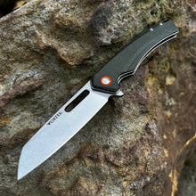 Load image into Gallery viewer, WAYFARER: Green Micarta Handles, 8Cr13MoV Warncliffe Blade, Ball Bearing Flipper Pivot System