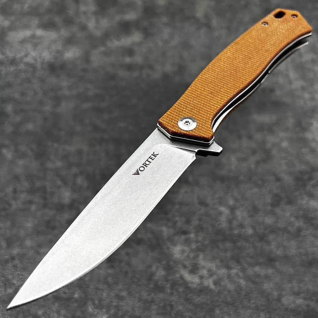 NOMAD: Brown Micarta Handles, D2 Carbon Steel Blade, Ball Bearing Flipper Pivot System