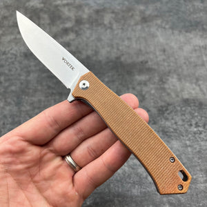 NOMAD: Brown Micarta Handles, D2 Carbon Steel Blade, Ball Bearing Flipper Pivot System