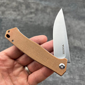 NOMAD: Brown Micarta Handles, D2 Carbon Steel Blade, Ball Bearing Flipper Pivot System