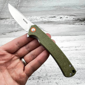 ATLAS: Green Micarta Handles, D2 Straight Back Blade, Ball Bearing Flipper System