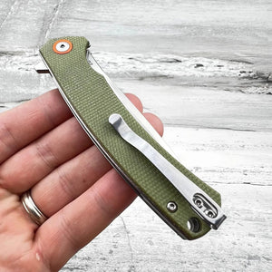 ATLAS: Green Micarta Handles, D2 Straight Back Blade, Ball Bearing Flipper System