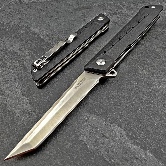 TANGO: 8Cr13MoV Tanto Blade, Black G10 Handles, Ball Bearing Flipper System, EDC Folding Pocket Knife