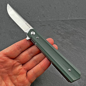 APACHE: Green G10 Handles, 9Cr18MoV Straight Back Blade, Ball Bearing Flipper System