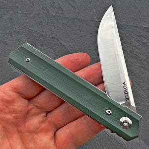 APACHE: Green G10 Handles, 9Cr18MoV Straight Back Blade, Ball Bearing Flipper System