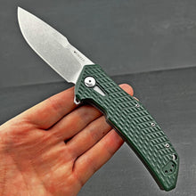 Load image into Gallery viewer, GATOR:  Large D2 Drop Point Blade,  Checkered Green G10 Handles,  Ball Bearing Pivot System