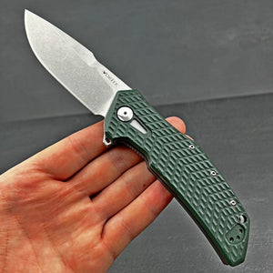 GATOR:  Large D2 Drop Point Blade,  Checkered Green G10 Handles,  Ball Bearing Pivot System