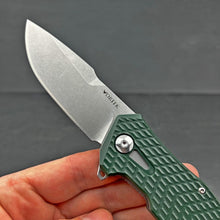 Load image into Gallery viewer, GATOR:  Large D2 Drop Point Blade,  Checkered Green G10 Handles,  Ball Bearing Pivot System