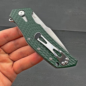 GATOR:  Large D2 Drop Point Blade,  Checkered Green G10 Handles,  Ball Bearing Pivot System