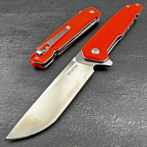 NEPTUNE:  D2 Straight Back Blade, Orange G10 Handles,  Ball Bearing Flipper Pivot System