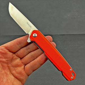 NEPTUNE:  D2 Straight Back Blade, Orange G10 Handles,  Ball Bearing Flipper Pivot System