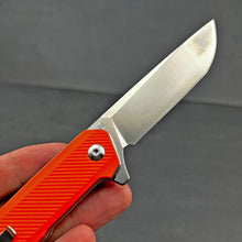 Load image into Gallery viewer, NEPTUNE:  D2 Straight Back Blade, Orange G10 Handles,  Ball Bearing Flipper Pivot System